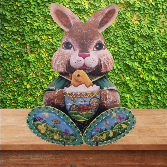 Indoor/Outdoor Easter Bunny Wood Statue w/ stand in Multicolor - Picture 3 of 3